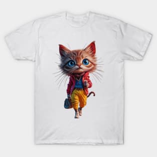 Street Style Cat with Coffee Design T-Shirt